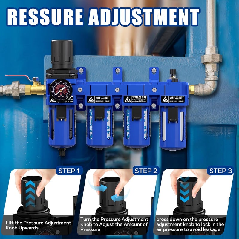 ATINY 3/8" NPT Compressed Air Filter Regulator Lubricator Combo,Air Compressor Dryer Oil Water Separator,Brass Cartridge with Double Desiccant - Gauge(0-150 psi), Poly Bowl, Semi-Auto Drain, Bracket - Image 5